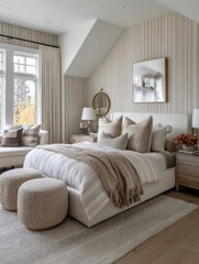 Cozy and Elegant Bedroom Featuring Neutral Tones and Soft Textures in a Modern Design