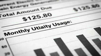 Close up view of a black and white utility bill, highlighting the total amount due. The image shows text and numbers clearly indicating monthly utility usage and charges.