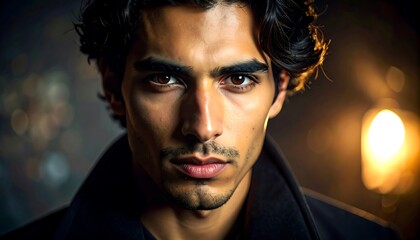 Fototapeta premium A close-up portrait of a man with intense brown eyes, showcasing a serious expression and dark, rich tones.