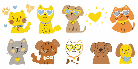 Collection of cute cartoon cats and dogs wearing heart shaped sunglasses and accessories