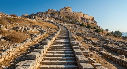 Ancient stone steps leading up to a hilltop temple complex