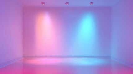 Empty room features soft pink, purple and blue colors from ceiling lights, creating a calming and modern architectural backdrop design space.