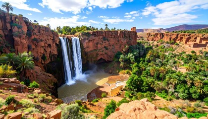 Red cliffs frame a waterfall cascading into a lush oasis