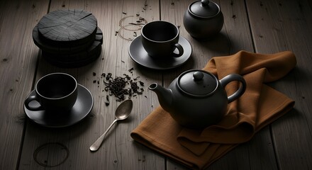 Elegant black tea service invites a moment of peace and tranquility on a rustic wooden table