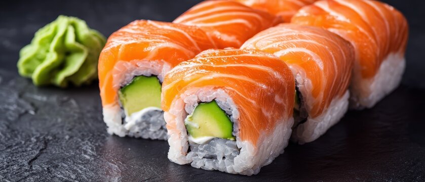 Delicious salmon sushi rolls filled with avocado and cream cheese are neatly arranged on a dark slate serving plate with wasabi.