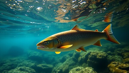 Naklejka premium Trout gliding through a clear mountain stream, sunlight creating patterns in the blue-green water.