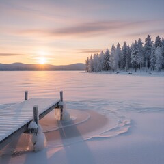 Snowy Winter Lake Sunrise Vector Illustration