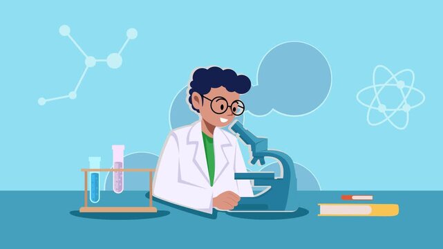 scientist man use microscopes cartoon animation backgrounds video . science at modern laboratory cartoon character animated footage motion graphic illustration design