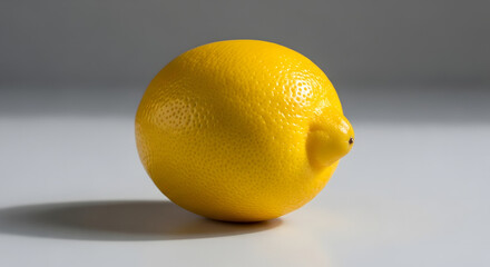 A single, ripe, yellow lemon sits on a white surface, casting a soft shadow against a neutral background.