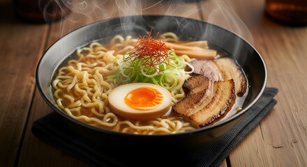 Enjoy steaming hot ramen noodle soup with pork belly and egg in a dark bowl, perfect for food blogs