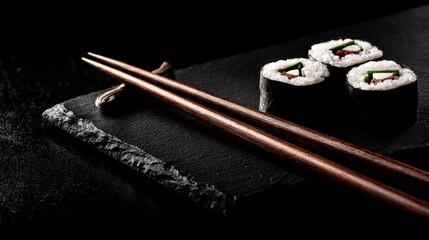 Three maki sushi rolls with bamboo chopsticks resting on a black slate plate create a sophisticated and minimalist composition for dining.