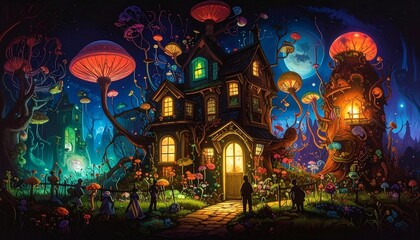 Obraz premium A whimsical fantasy landscape at night featuring a glowing house surrounded by giant luminous mushrooms and enchanted flora under a magical sky.