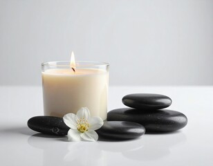 A Clean and Minimalist Studio Shot of a Lit Candle with Polished Black Stones and a White Flower