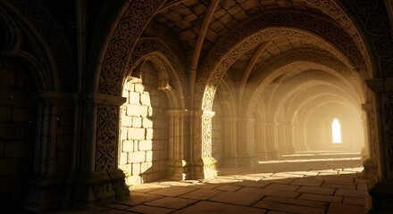 Obraz premium Explore the captivating beauty of a sunlit medieval cathedral interior with ornate arches and stone textures