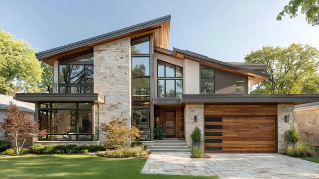 Stunning contemporary house with a unique angled roof, stone and wood exterior, and large windows