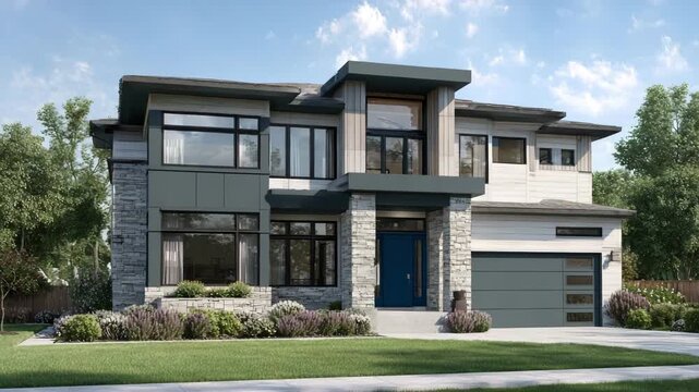 Modern luxury house with stone and metal facade, large windows, and a blue door, set against a clear sky with scattered clouds