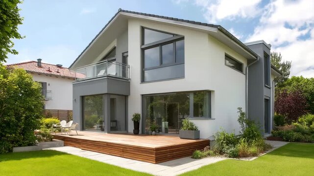 Contemporary white and gray house with large glass windows, a wooden deck, and a sloped roof, set in a lush green garden on a sunny day
