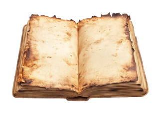 An old book with a yellowed cover is open to a page with a few words on it