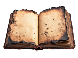 Book is open to a page with a burnt out look