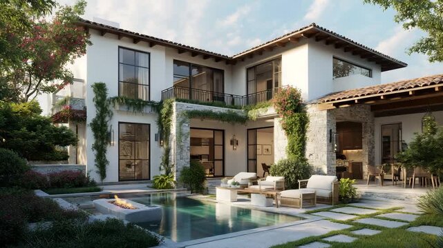 Modern luxury villa with swimming pool and outdoor seating area, surrounded by lush greenery and trees