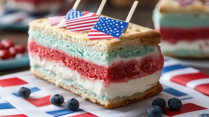 Patriotic ice cream sandwich with american flags and blueberries on table