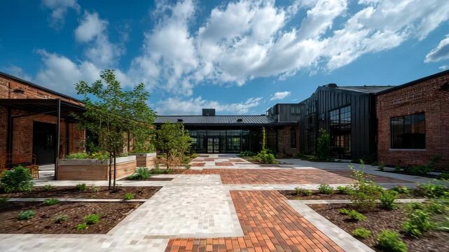 Modern courtyard with brick pathways and benches, flanked by brick buildings with industrialstyle architecture under a clear blue sky with clouds