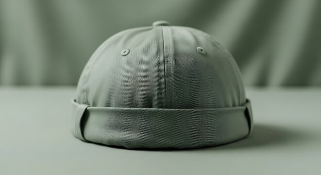 Stylish neutral colored docker cap sitting upright on a simple backdrop