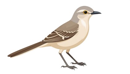 A detailed illustration of a northern mockingbird, showcasing its light brown and gray plumage in a profile view against a plain white background.