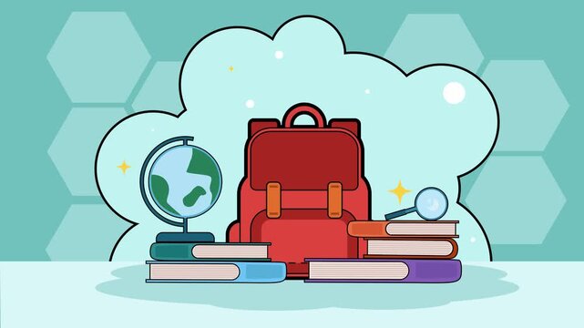 school bag supplies learning equipment cartoon animation backgrounds video . Back to School supplies colorful office accessories education animated footage motion graphic illustration design