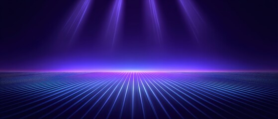 Glowing violet rays illuminate a lined horizon on a dark blue background, creating a modern and futuristic atmosphere that feels expansive.