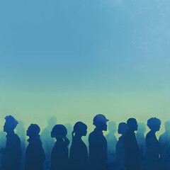 Urban Diversity Silhouettes: Minimalist Blue Background for Social Unity and Modern Illustration