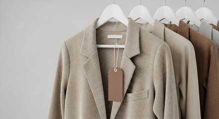 Beige blazers on hangers minimalist clothing display.