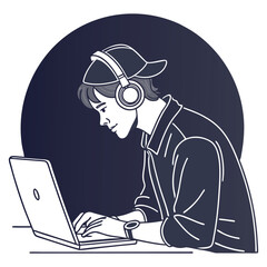 Illustration of a businessman sitting at his desk working on a laptop