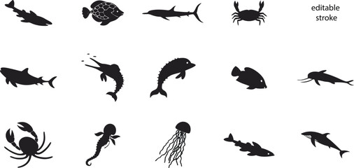 A collection of black vector silhouettes of the Marine life