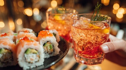 Close up of sushi rolls with salmon on plate with cocktail glasses with ice in restaurant atmosphere with bokeh background, having a delightful meal.