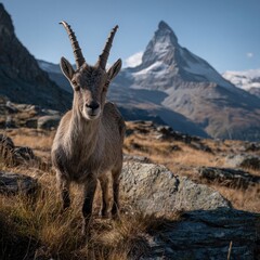 Fototapeta premium A mountain ibex gazes out at the majestic backdrop of a snow-capped peak, showcasing its striking features and the stunning alpine landscape.
