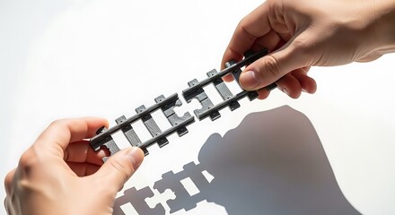 Connecting toy railway tracks, symbolizing connection and building together