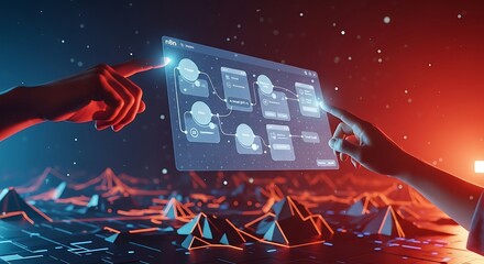 Futuristic digital interface with hands interacting with glowing nodes Keywords: technology, future