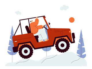 Conquer obstacles by driving a special Offroad car. Extreme Sports illustration. Flat vector illustration concept.