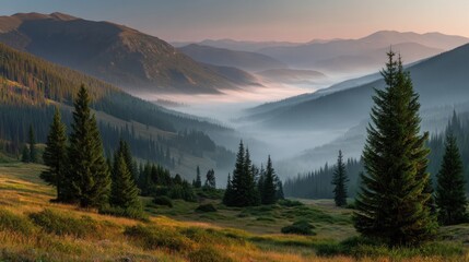 Obraz premium Majestic mountains covered with morning mist and evergreen forests create a serene vista
