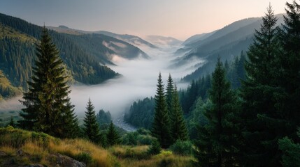 Fototapeta premium Scenic mountain landscape with forest and valley covered in morning mist revealing its beauty