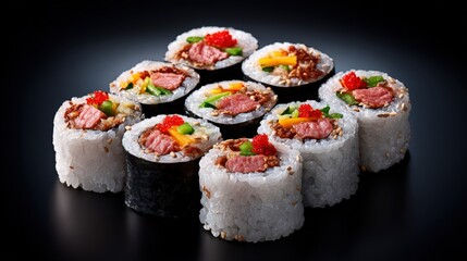 Delicious sushi rolls with fresh tuna, vegetables, and sesame seeds presented on a dark background showcasing Japanese culinary artistry.