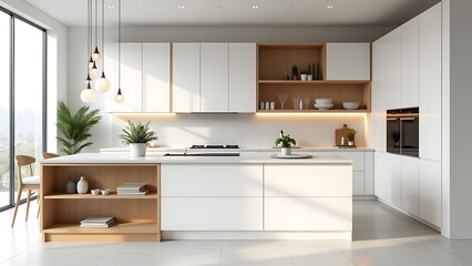 Fototapeta premium Modern Kitchen Design White Cabinets, Wood Accents, Island