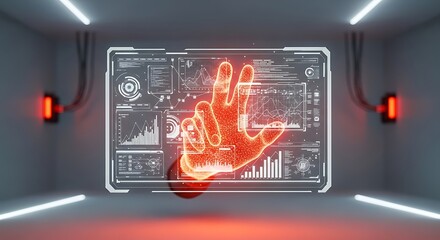 Hand interacting with a futuristic data analysis holographic screen in a sterile environment