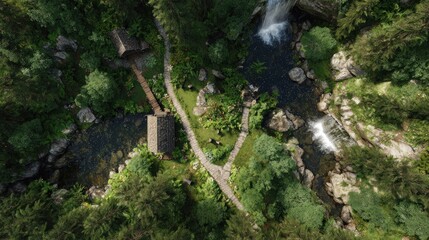 Aerial view of a serene forest landscape featuring a flowing river and waterfalls nature escape