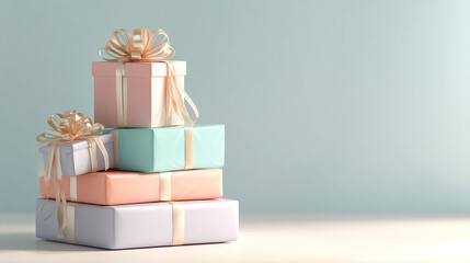 Obraz premium Pastel-Themed Gift Stack with Satin Ribbons Against a Minimalist Backdrop