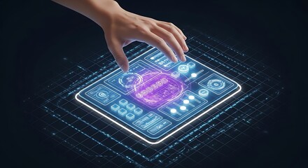 Hand touching a glowing futuristic digital interface with buttons and icons image photo
