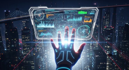 Hand touching a futuristic data interface with a city skyline in the background technology