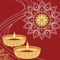 An intricate vector design with burning candles, gold ornaments, and floral patterns to celebrate the Diwali festival