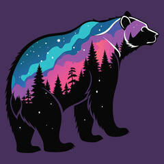 Black vector silhouette illustration of a polar bear and wild bear mammals in nature